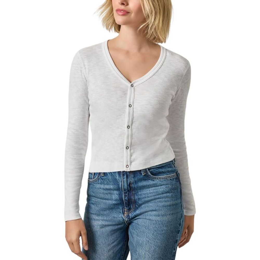 Lilla P Womens  Ribbed Slub Snap V-Neck